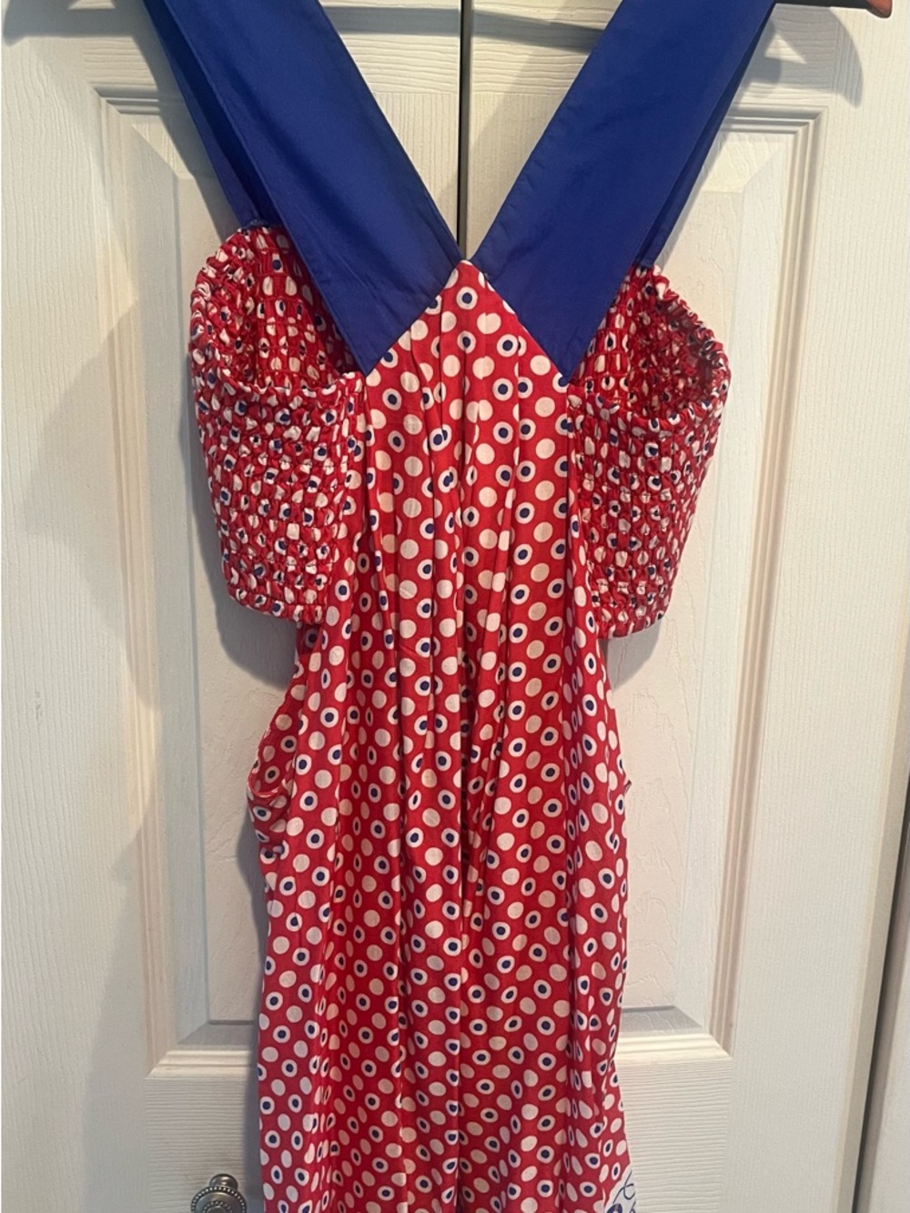 Anthropologie Red Polka Dot Mini Dress with Blue Straps Sz M - Picture 10 of 10